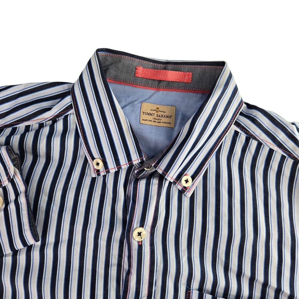 Tommy Bahama Jeans Mens Medium Blue Striped Long Sleeve Button Down Pocket Shirt